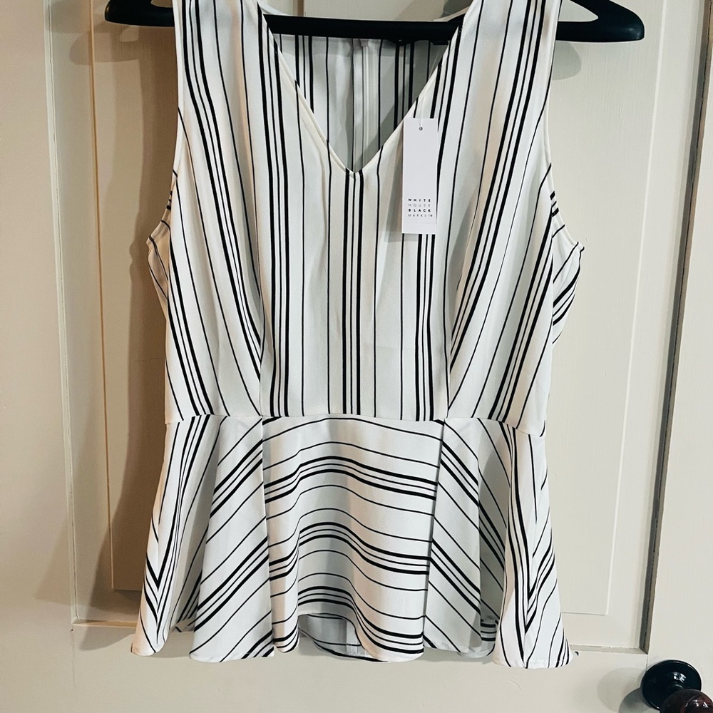 White House Black Market Black and White Striped Peplum Blouse